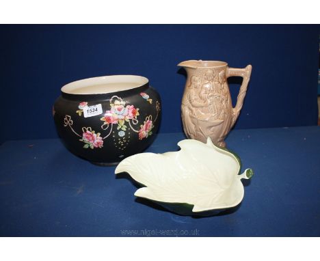 A large Devonshire Jardiniere decorated with roses, a Carltonware leaf dish and a Burleigh ware jug 'The Runaway Marriage, Gr