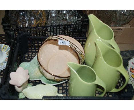 Three 1960's beak lipped graduated green Jugs, plus two pieces of Carltonware, Wade basket, etc.