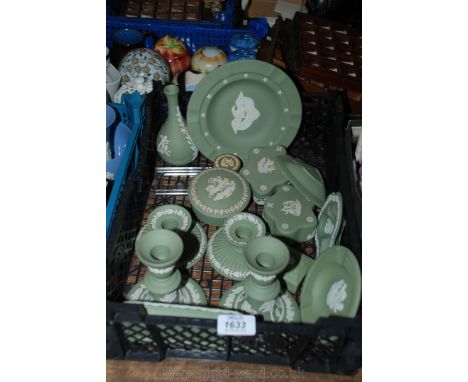 A quantity of green Wedgwood Jasperware including Candlesticks, Trinket Boxes, etc.