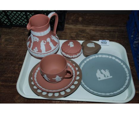 A terracotta coloured Wedgwood Jug, Cup and Saucer, Trinket Box, etc.