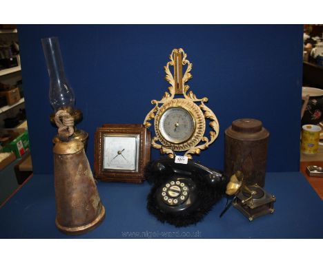 A quantity of miscellanea including old tin Tea Caddy with lid, Oil Lamp, black push button Telephone, wooden SB square Barom