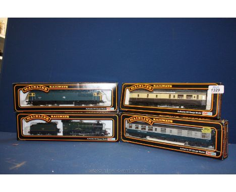 Four boxed Palitoy Mainline including ''Manor Class 4-6-0 Locomotives, BR Green Livery, Buffet Restaurant Car, Centenary Brak