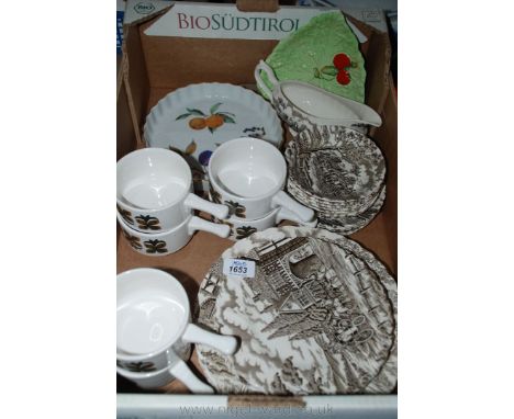 A quantity of china including Staffordshire 'Royal Mail' pattern dinnerware, Ironstone soup mugs, Carltonware tri-angular dis