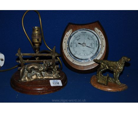 An oak Barometer with horseshoe, a brass Match Holder plus a brass Lamp