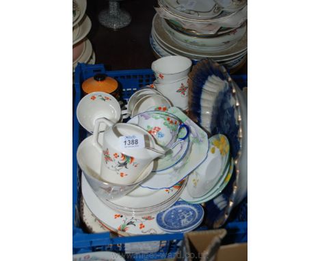 A quantity of china including Clarice Cliff Cake Plate, twenty-one piece orange, green and grey Tea Set a/f, three Spode Coas