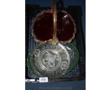  A Victorian red glass Fruit Bowl, an impressed green glass Trinket Plate and a Queen Victoria diamond jubilee impressed Glas