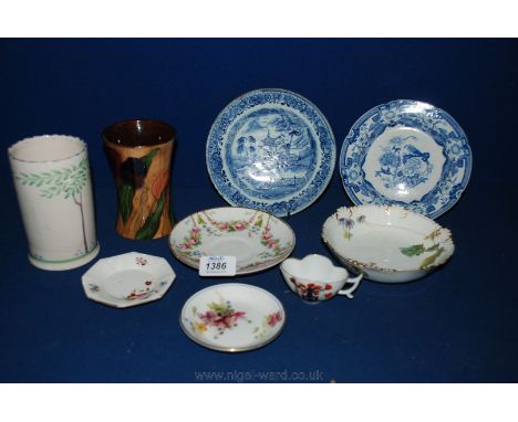 An early blue and white transfer print Plate, a porcelain oriental Plate, a hand-painted Royal Worcester Pin Dish, etc.