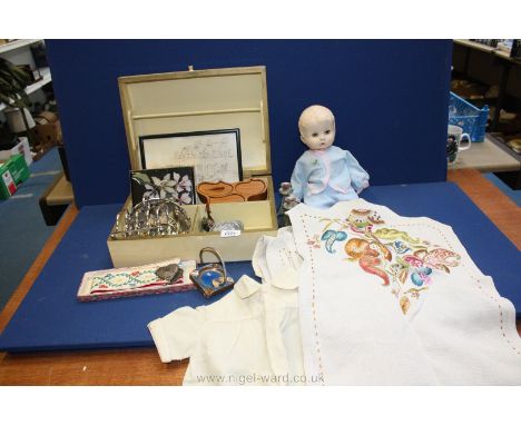 A quantity of miscellanea including crewel work chair backs, small pair of candlesticks, set of blue enamel ashtrays, Pietra 