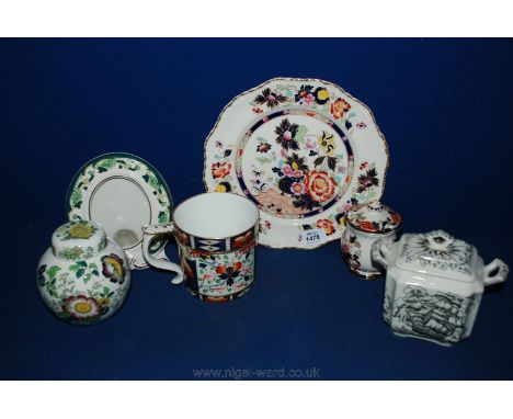 Five pieces of Masons including sugar caddy, preserve pot, ginger jar, photograph frame and charger, plus a large Imari patte