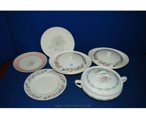 Two Susie Cooper lidded Serving Dishes and four Plates in various design plus a Royal Doulton 'Fairfield' lidded Serving Dish