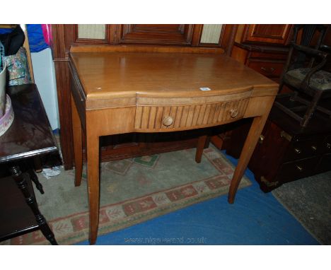 A 1930's Walnut Side Table with gallery back and plain top with central extending bow front and single frieze drawer with mou