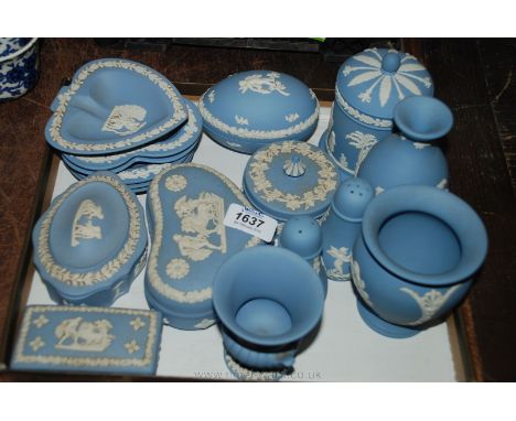 A quantity of miscellaneous blue Wedgwood Trinket Boxes, Vases, Pin Dishes, Salt and Pepper etc.