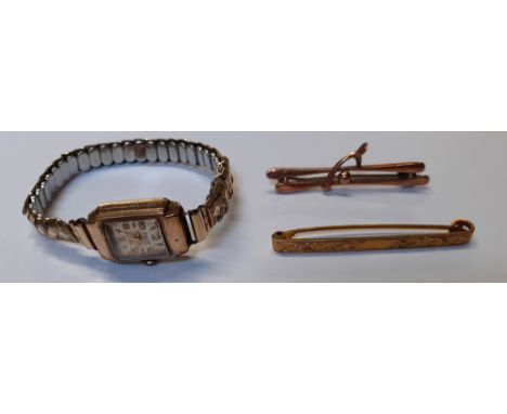 2 x 9ct gold bar brooches &amp; 9ct gold watch on expanding strap (6.05g gold weight)