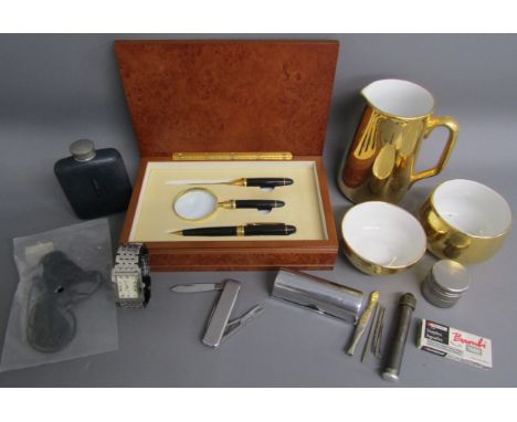 Rotary Elite watch with date, boxed letter set containing pen, opener and magnify, Royal Worcester gold jug and bowls, etc