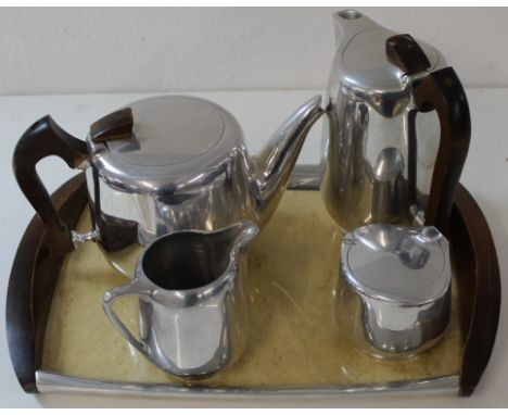 Newmaid (early Picquot ware) aluminium and sycamore part tea and coffee set comprising a teapot 15cm, coffee pot 20cm, a suga