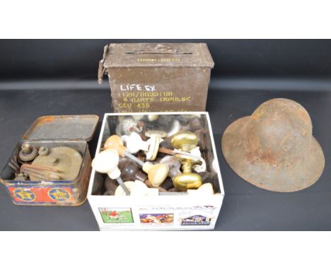 Original Radius No 2 stove in tin, British Army helmet shell, ammunition box &amp; selection of door handles etc.