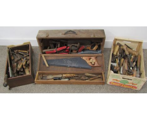 Small tool cabinet and 2 boxes of tools - mostly wood working&nbsp;