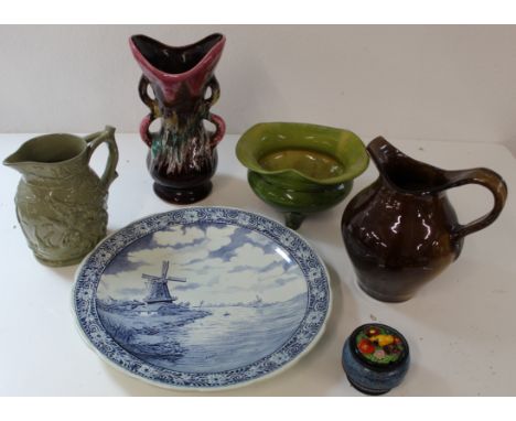 Selection of plates, Boch Delfts charger, hunting jug etc.