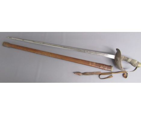 Officers cavalry sword with leather scabbard and leather acorn tassel, blade marked GR and star mark to base (no proof lug) w