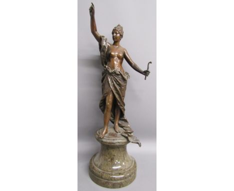 After Eugen Bormel (1858-1932) bronze figure of semi nude lady (missing arrow) on marble base - approx. 43cm tall