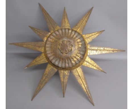 Possibly Oliver Messel gilded metal sunburst ceiling light - shows signs of being stored - approx. 79cm dia. &amp; 34cm tall