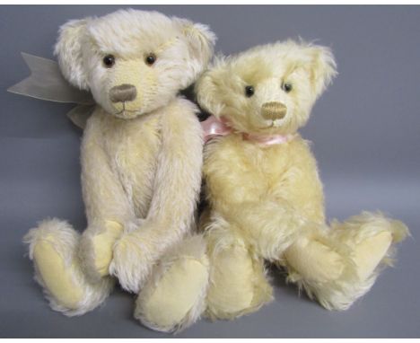 2 Jennifer Browne artist bears - 15" distressed blonde mohair, soft stuffed bear wearing beige ribbon bow &amp; 13" Browne Be