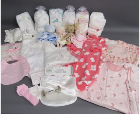 Selection of baby hamper items - includes sleep bags, silver plate rattle etc