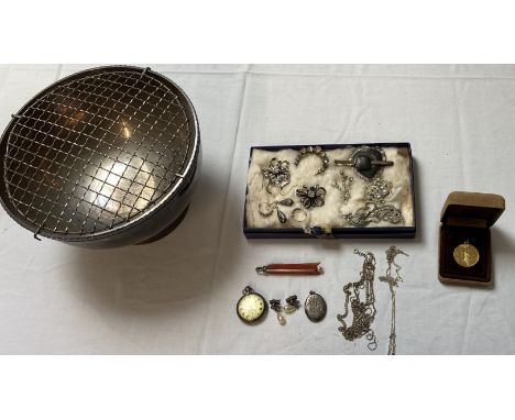 Selection of jewellery including silver chains, a silver locket, a silver fob watch and a set of silver earrings as well as c