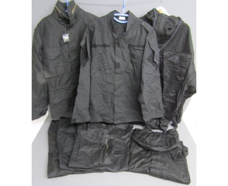 Collection of black army surplus ware includes 2 hooded lightweight jackets 112 chest, X-Large (regular) light weight coat, s