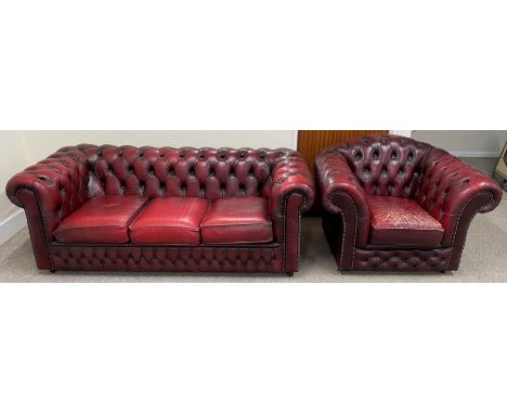 Leather 3 seater Chesterfield sofa (L 189cm) and armchair in oxblood red