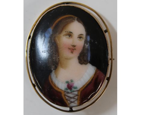 Tested as 9ct gold mounted brooch set with portrait of a young girl on porcelain&nbsp;