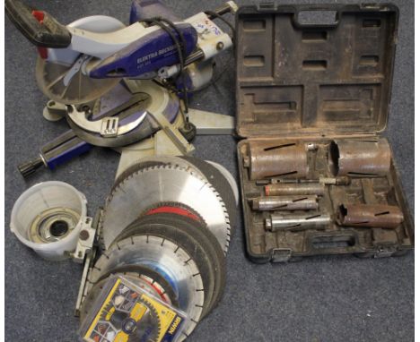 Diamond core + boxed drill set, Elektra Beckham bench saw, large selection (by size and type) of cutting blades