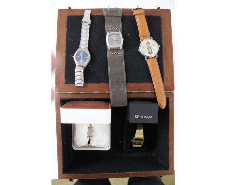 Selection of watches in wooden box, to include ladies two tone Michel Herbelin bangle watch with grey dial MH 9276, Sekonda G