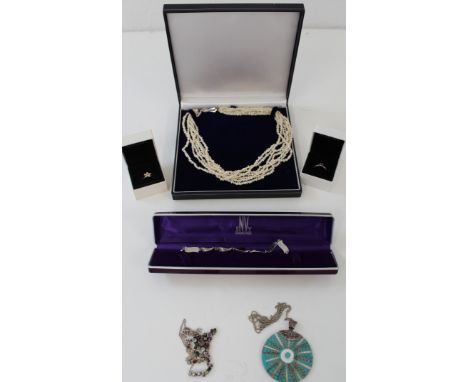 Mixed collection of jewellery with some silver content, 2 x Pandora rings size J/K, Envy diamonds silver bracelet, pearl mult