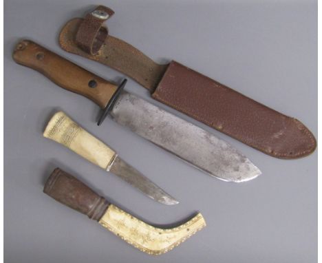 Wilkinson Sword 1B/4594 with broad arrow mark army survival knife and carved bone handled knife with carved sheath and leathe