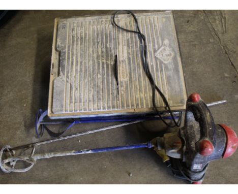 Vitrex wet saw bench, long masonry drill bit, paddle mixer with spare paddle