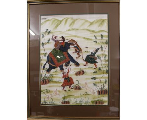 Oriental painting on silk of tiger hunting by elephant&nbsp; 63mm x 51mm