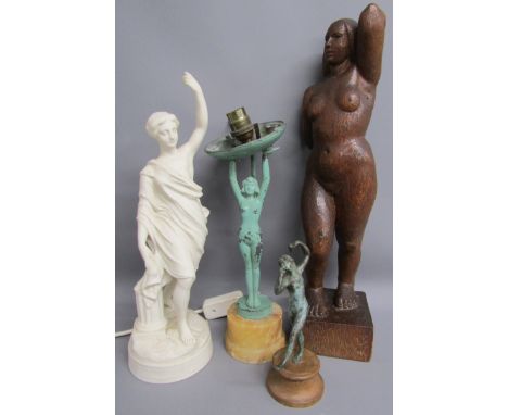 Collection of figurines - Art deco lady table lamp (need repair) missing globe shade, Parian ware classical figure, wooden nu
