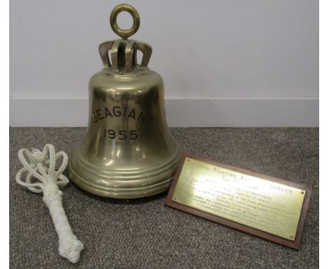 Large Seagiant 1955 ships bell with broad arrow mark, hand knotted crown shaped pull and plaque 'Royal Maritime Auxiliary Ser