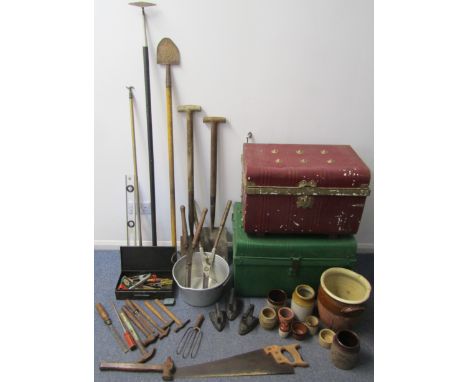 2 tin trunks, selection of garden tools including army issue shears, flat irons and stone ware, jam pan&nbsp;&nbsp;