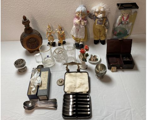 Collection of silver plate ( 6 Selfridges spoons, 6 pastry forks, a napkin ring and a flower holder), glassware, dolls, a mus