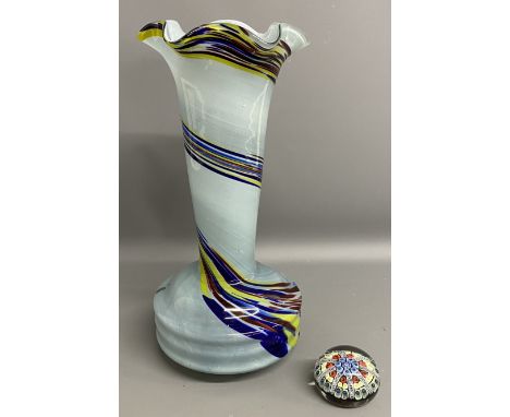 Coloured glass vase and millefiori&nbsp;style paperweight