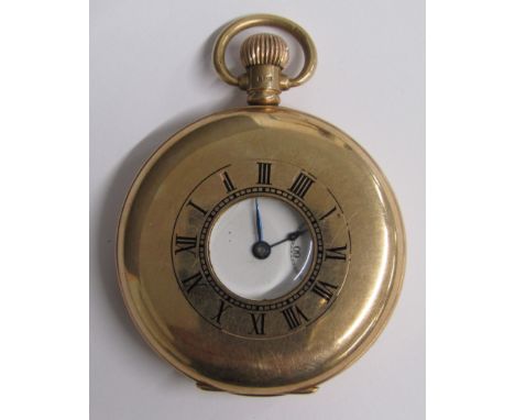 9ct gold 17 Jewel Denison half hunter&nbsp;pocket watch 1923 - crown &amp; bow both stamped, front cover stamped 375 A.L.D, r