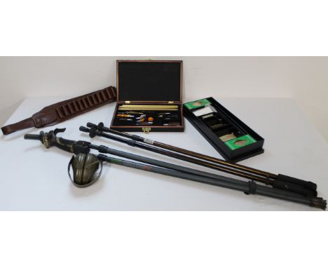 Two shotgun cleaning kits cased, Primus Trigger Gen 2 Stick, Bipod rifle rest, ear defenders, cartridge belt,