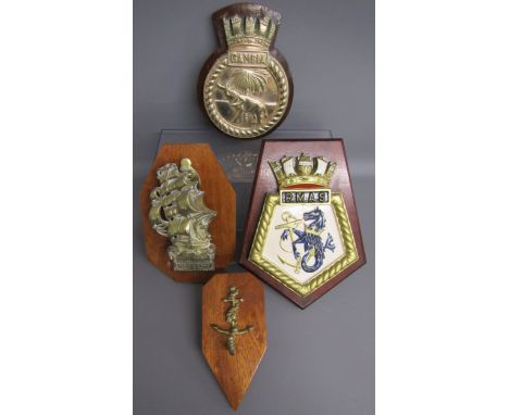 Heavy Gambia mounted brass plaque, Cutty Sark door knocker, anchor coat hook and Royal Marine Auxiliary Service plaque (not m