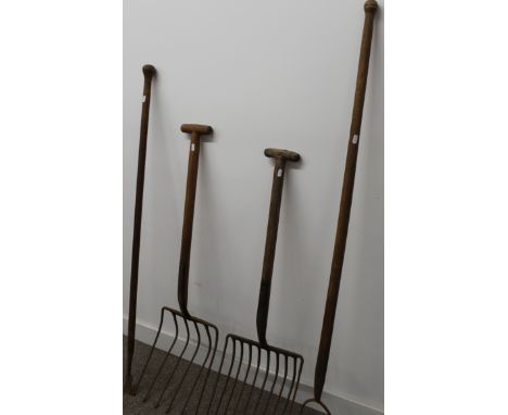 Four vintage agriculture tools - 2 hoes &amp; 2 potato forks