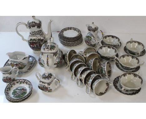 Myotts Country Life part tea set, comprising 5 soup bowls and saucers, 12 cups, coffee pot, teapot, milk jug, water jug, suga