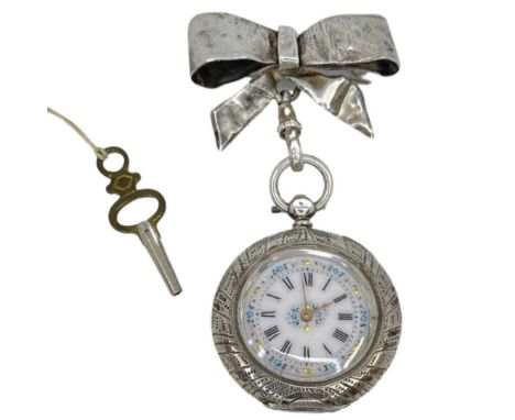 A late 19th century Swiss silver cased, open face, key wind, cylinder fob watch and bow brooch.The frosted gilt movement with