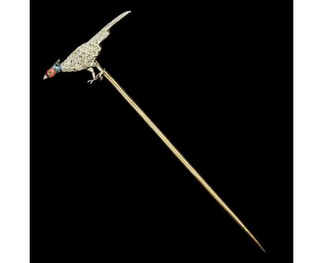 A Fine Edwardian Rose-Cut Diamond and Enamel Platinum and Gold Mounted Pheasant Stick Pin.