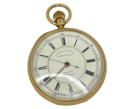 A late 19th century 18ct gold, open face, keyless, centre seconds lever chronograph, E Wise - Manchester, 26656, patent no 10